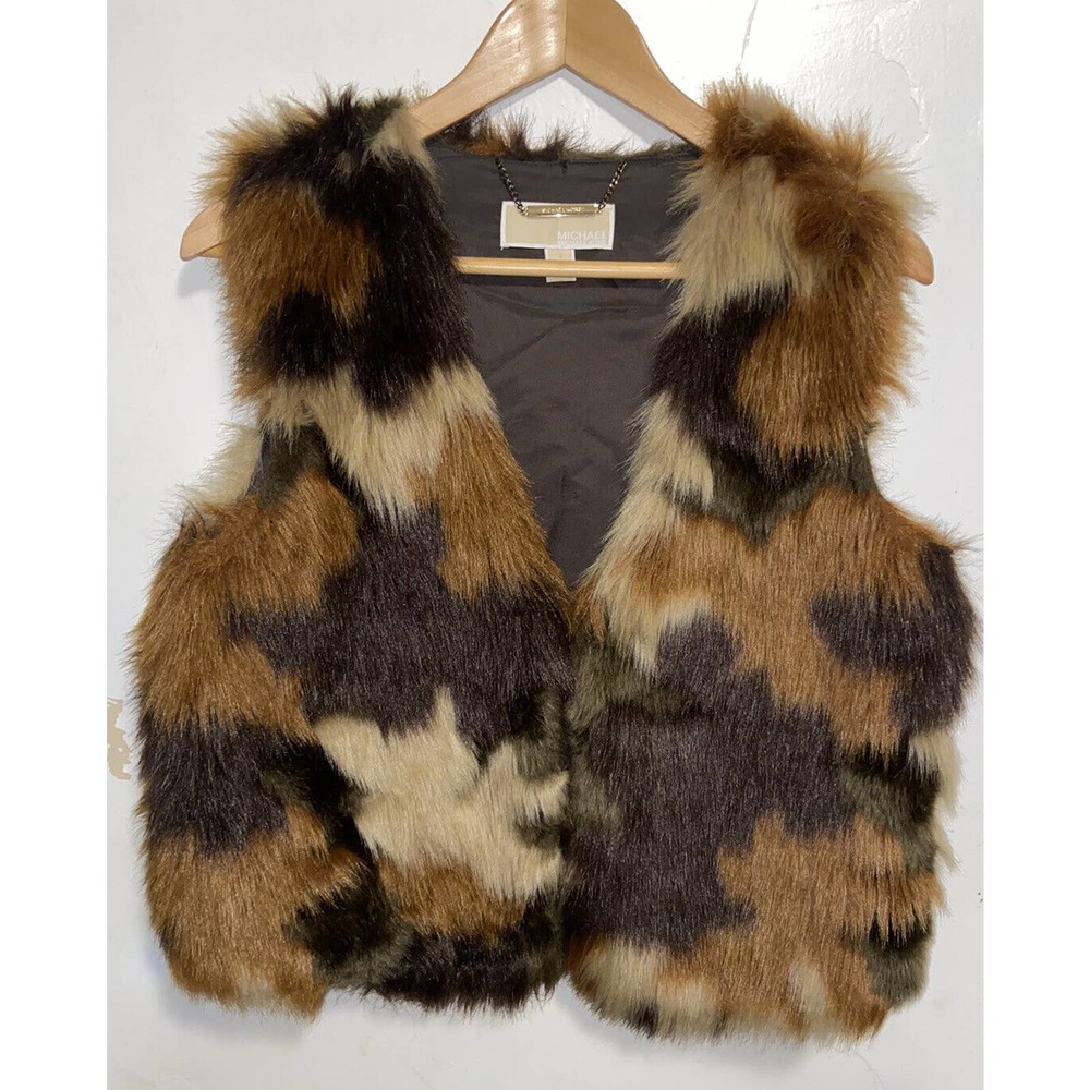 Michael Kors Faux Fur Caramel Camo Vest Sz Medium Multi Colored Tan Green Brown